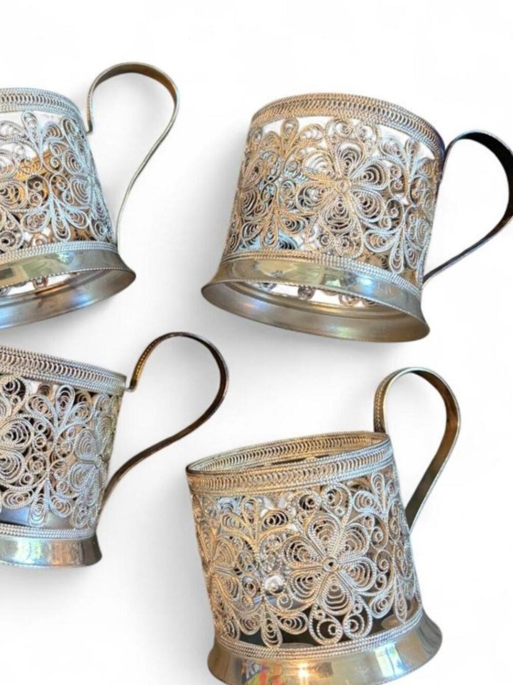 VINTAGE USSR RUSSIAN SILVER-PLATED METAL FILIGREE TEA GLASS HOLDERS PODSTAKANNIK